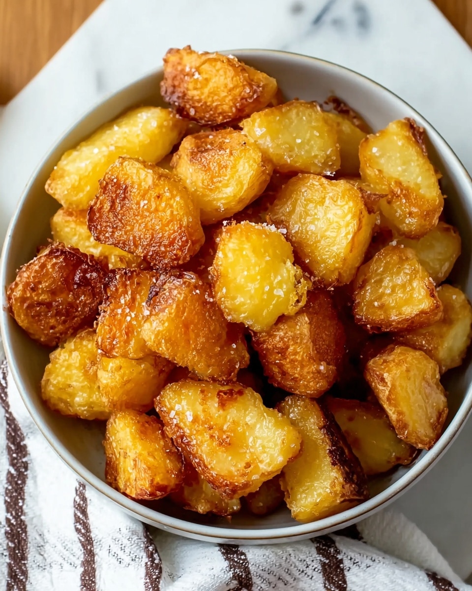 A close-up view of a bowl filled with golden brown roasted potato chunks. Each piece has a crispy outer layer with a slightly rough texture and sprinkled with coarse salt, giving them a crunchy look. The potatoes are irregular in shape, some showing softer yellow insides peeking through the crispy edges. The bowl is deep and white in color, placed on a white marbled surface with a white cloth that has brown stripes partly visible in the background. photo taken with an iphone --ar 4:5 --v 7